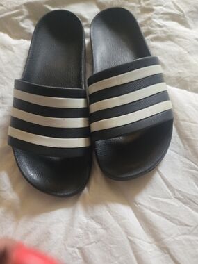 Adidas Black Slide Sandals with White Stripes